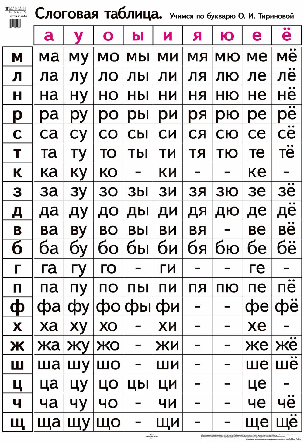 Слоговая таблица. Учимся по букварю О. И. Тириновой (70х100)