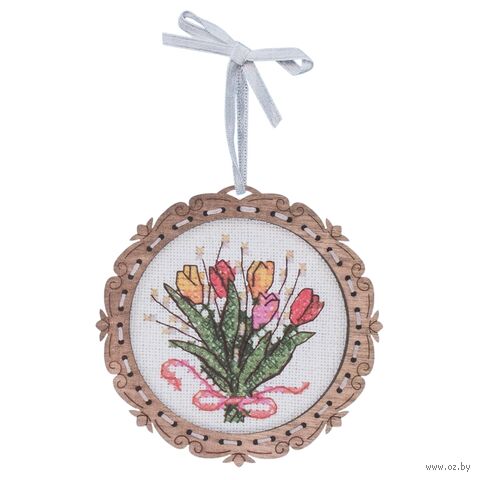 Набор для вышивания на деревянной основе "Миниатюра. Букет тюльпанов" (80х80 мм) — фото, картинка
