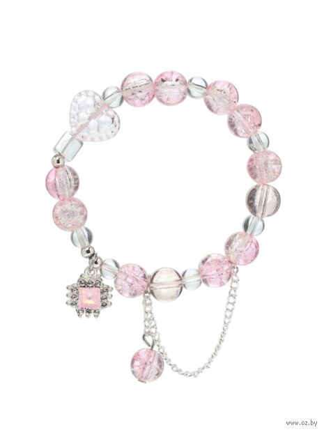 Браслет "Сахарный. Ромб, сердечко и шар" (бело-розовый в серебре) — фото, картинка