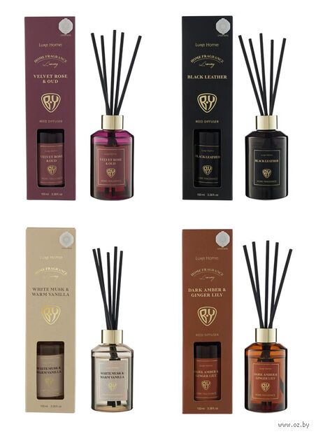 Диффузор ароматический "White Musk and Warm Vanilla, Black leather, Velvet Rose, Dark Amber" (100 мл) — фото, картинка