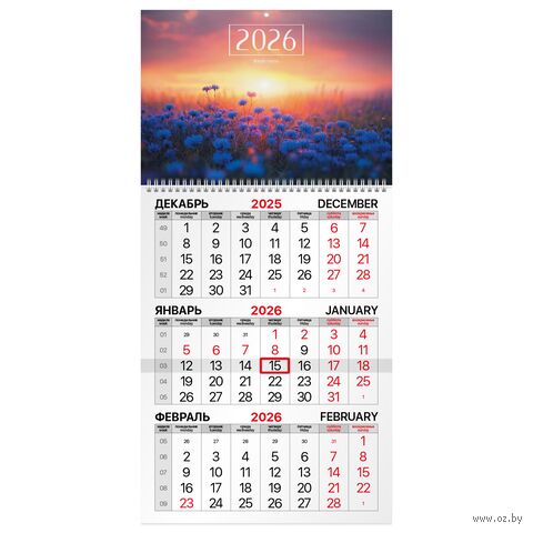 Календарь настенный квартальный на 2026 год "Васильковый луг" (29,5х60 см) — фото, картинка