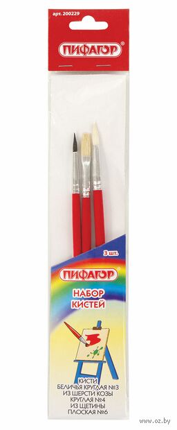 Набор кистей "Пифагор" (3 шт.; белка, коза, щетина № 3, 4, 6) — фото, картинка