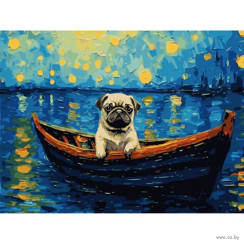 Картина по номерам "Мопс в лодке. В стиле Ван Гога" (300х400 мм) — фото, картинка