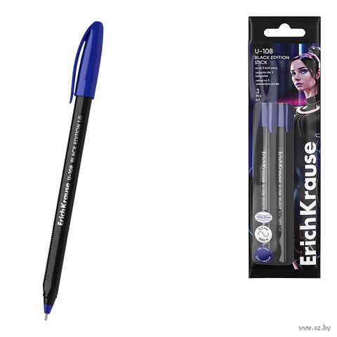 Набор ручек шариковых синих "U-108 Stick Black Edition" (1,0 мм; 3 шт.) — фото, картинка