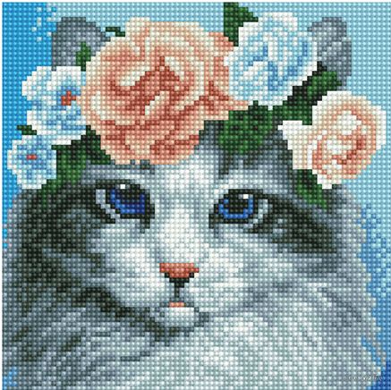 Алмазная вышивка-мозаика "Котик с веночком" (200х200 мм) — фото, картинка